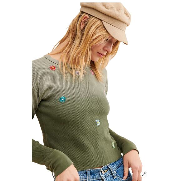 Free People x Riley Vintage Dipped Olive Embroidered Thermal Top NWT Small - Picture 10 of 13